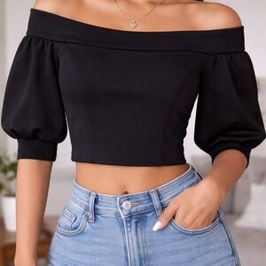 Lila Rose Black Off-Shoulder Puff Sleeve Crop Top